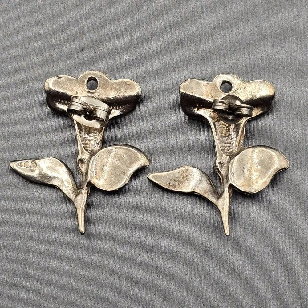 VTG Sterling Silver Floral Lily Post Earrings 1" Etched Details 5.69g - Picture 2 of 5